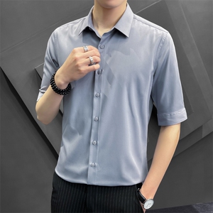 冰丝夏季衬衫男韩版修身潮流五分袖商务高级感白衬衣8315P65控118图片