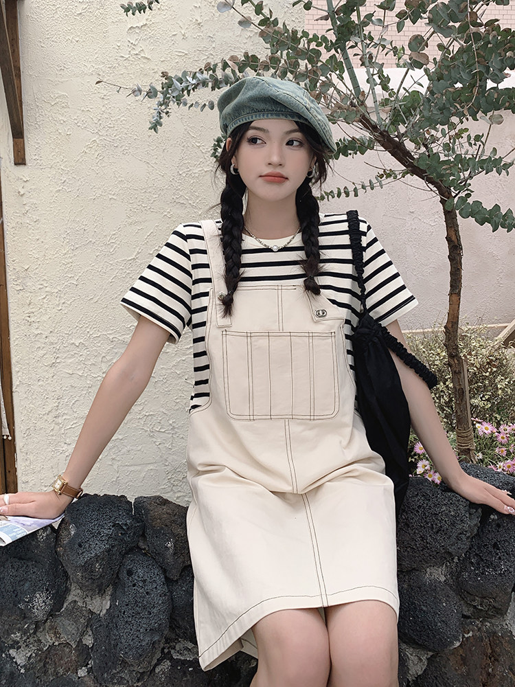 小个子通勤假两件条纹连衣裙女夏2025新款减龄休闲背带拼接T恤裙,女装连衣裙,浪娴服饰