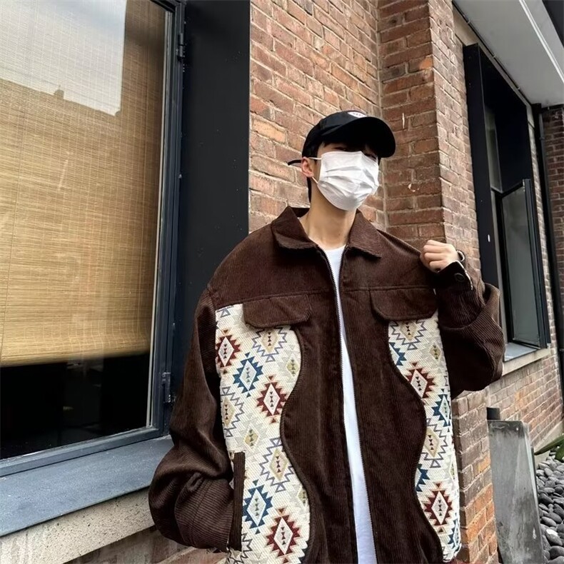 美式潮灯芯绒拼接翻领夹克男秋季宽松情侣百搭休闲外套个性WT533,男装夹克,星座1116A-1（原606A）