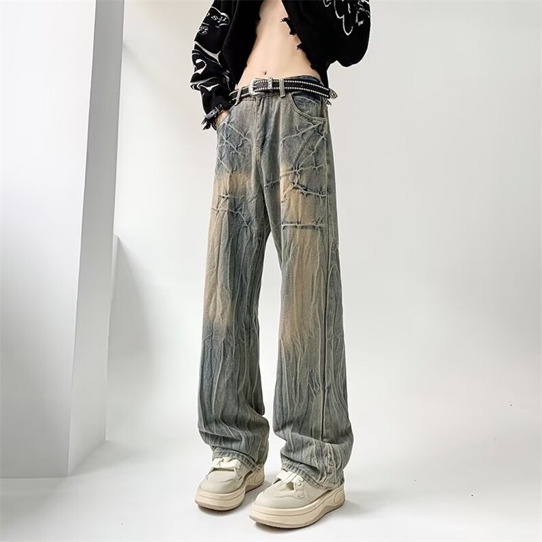 美式复古闪电裂纹vibe风牛仔裤男潮牌痞帅设计感男款显瘦裤子B33,男装休闲裤,星座506