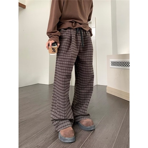 港风秋冬款男女休闲裤毛呢条纹格子老钱风宽松阔腿长裤HK061 P65图片