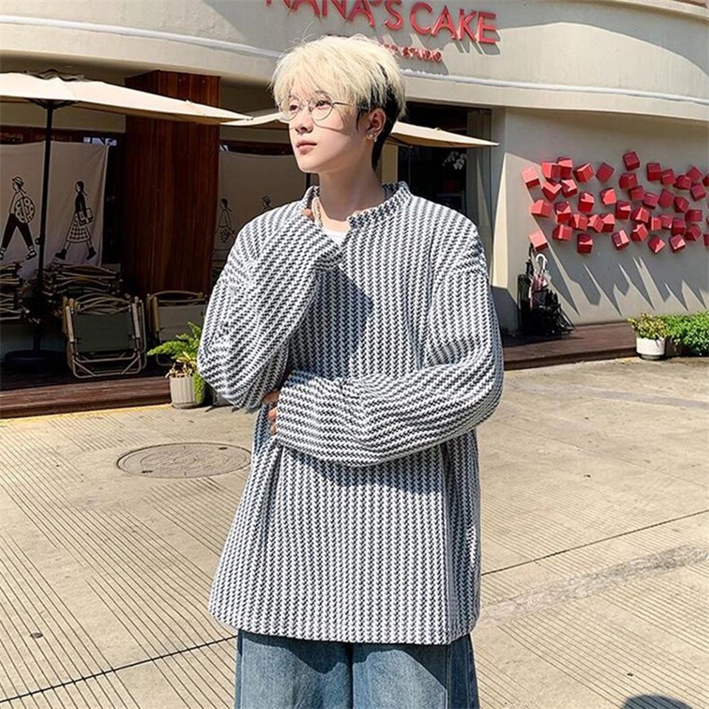 美式高街千鸟格子长袖T恤男女亨利V领英伦雅痞休闲宽松长袖打底衫，男装T恤，电商A443