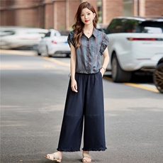 2026新款夏装条纹短袖翻领衬衫女士阔腿九分裤两件套时尚洋气套装，女装衬衫，梦懿尔