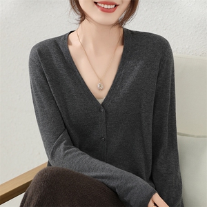 2024秋季新款女士V领长袖短款35%羊绒衫开衫通勤百搭图片
