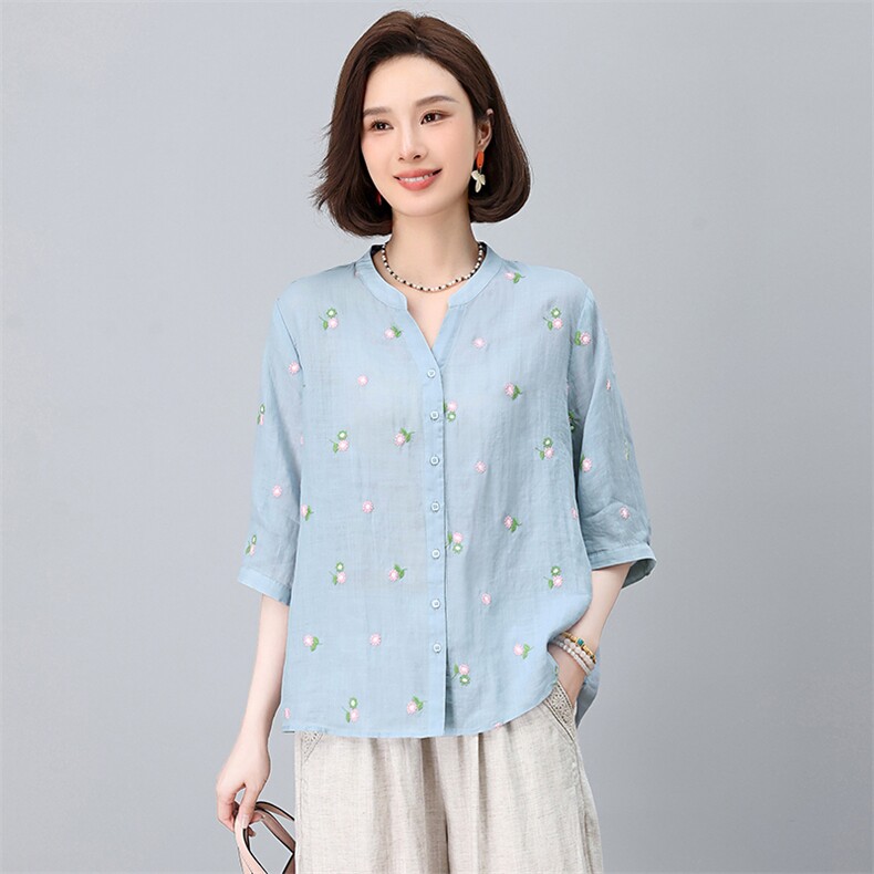 妈妈端庄大气夏装2025新款中老年女装短袖穿搭一整套洋气高贵，女装衬衫，忆绮罗