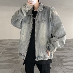 日系复古简约水洗蓝牛仔外套男士春秋潮牌设计感宽松夹克图片