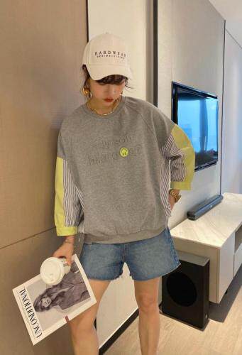 【现货】夏季新款针织衬衫拼接刺绣字母笑脸潮款圆领卫衣，女装衬衫，微迪菲