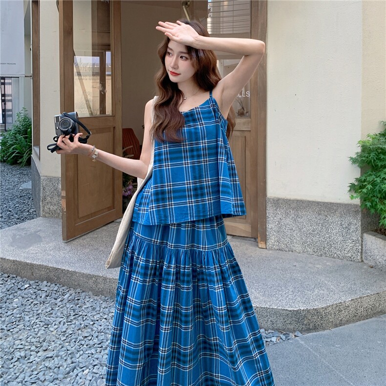 【新款】蓝色格纹吊带+半身裙套装2D145-Y2514-P165-控248,女装套装/套裙,2D145