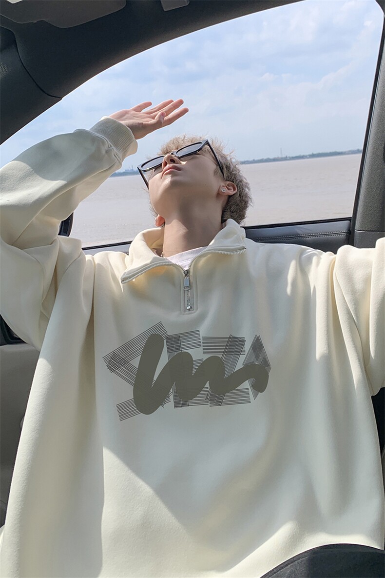 秋新款港风宽松polo领卫衣男设计感半拉链上衣PL00168/P45加绒P50,男装卫衣,电商B316