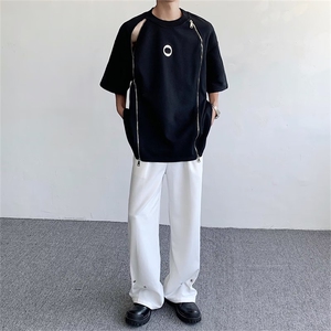 ins高街夏季潮流机能拉链拼接圆领短袖宽松T恤休闲男女GT115-p35图片