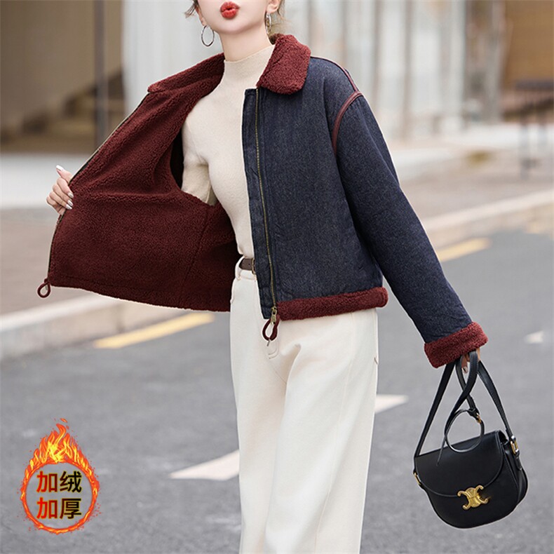 时尚拼接翻领加绒牛仔短外套女2024冬季新款小个子休闲羊羔毛棉服,女装羊羔毛/颗粒绒,美拉德工厂直营店