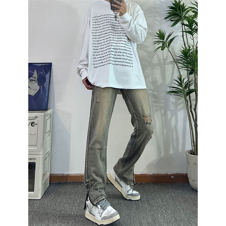 欧美hiphop街头破洞牛仔裤直筒微喇叭修身vibe美式乞丐裤潮牌图片