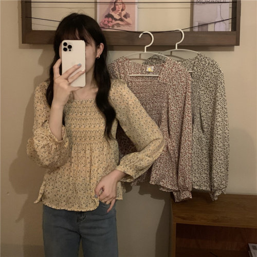 碎花雪纺衫新款方领收腰显瘦衬衫,女装蕾丝衫/雪纺衫,潮品会