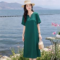 现货秒发刺绣洋气高端裙气质连衣裙夏季新款宽松口袋中长裙女，女装连衣裙，韩蔻秀