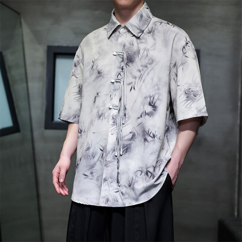 现货竹叶印花冰丝夏季短袖衬衫高级感上衣CS33-P65控89,男装T恤,电商A021