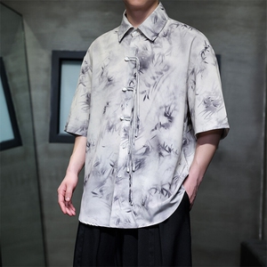 现货 竹叶印花冰丝夏季短袖衬衫高级感上衣CS33-P65控89图片