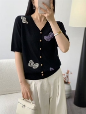 天丝莱赛尔蝴蝶提花V领短袖，女装T恤，晨旭羊绒