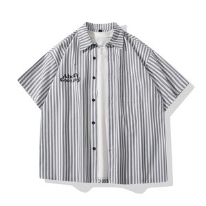 B413-1-DX018港风休闲复古短袖衬衫男宽松百搭潮流日系印花衬衣服图片