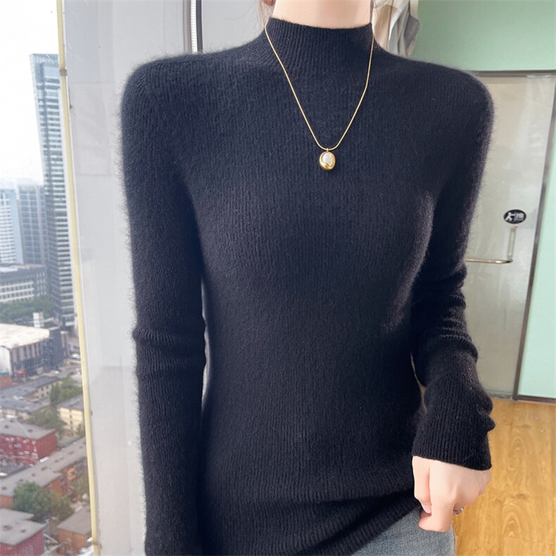 澳洲羊毛衫女套头半高领毛衣抽条修身洋气针织打底内搭,女装羊绒衫,美轩羊绒
