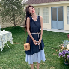 法式亮片拼接无袖假两件背心裙女2025夏季新款设计感小众连衣裙潮，女装连衣裙，2C232