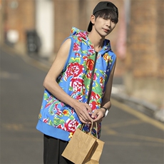B02东北大花连帽拉链大码新中式汉服民族特色马甲背心坎肩潮男女，男装背心/马甲，星座115A(原星座507）