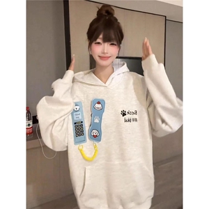早秋穿搭魔术贴连帽卫衣女2025新款宽松休闲帽衫潮牌外套上衣图片