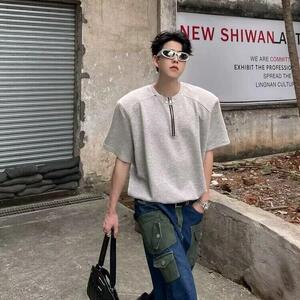 美式复古半拉链夏季短袖男设计感重磅T恤高街潮牌半袖LW999-P38图片