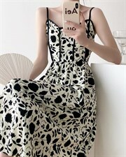 韩版甜美淑女时尚印花两件套连衣裙，女装连衣裙，荷塘月色