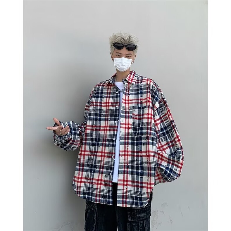 衬衫男士长袖韩版潮流格子拼色宽松2024秋冬新款ins外套CY992-P43,男装衬衫,星座412-2