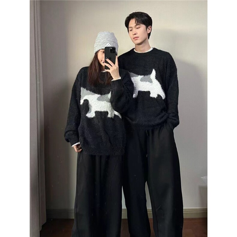 美式水貂绒斑点狗圆领毛衣男女秋季潮复古慵懒情侣针织衫宽松外套，男装针织衫/毛衣，星座506A