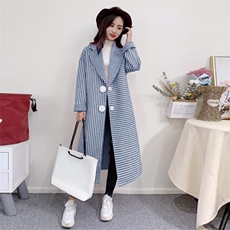 毛呢外套女宽松中长款19冬新气质减龄大码显瘦双面呢羊毛条纹大衣，女装毛呢外套，潮品会