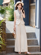 老钱风法式风V领蕾丝马甲阔腿裤两件套女夏显瘦淑女套装，女装套装/套裙，朵莱米