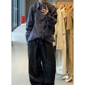 复古蓝色格子衬衫外套男女慵懒风宽松休闲松弛感衬衣外套 C39,男装衬衫,星座1116A（原606A-3）
