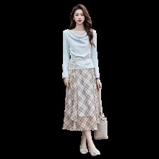 现货2026年春季女新款通用时尚气质优雅针织上衣格子连衣裙两件套，女装套装/套裙，奋斗女王