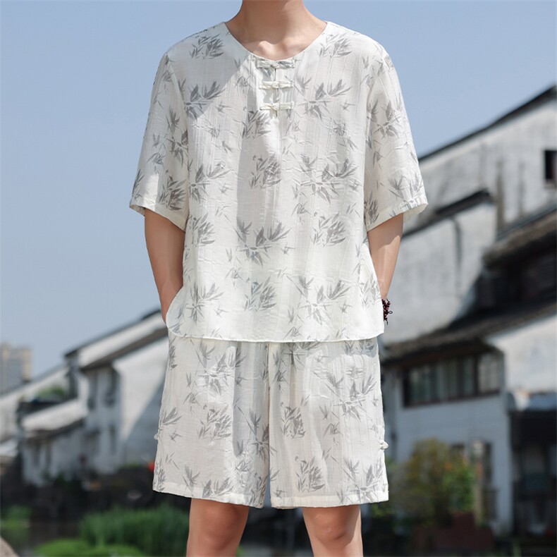 2025夏季新款男装风冰丝竹叶印花盘扣套装短袖+短裤A103-P80,男装休闲套装,电商B277(原6028)