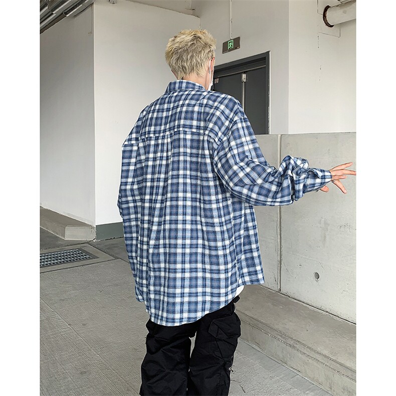 秋季纯棉格纹长袖衬衫男女中性宽松休闲衬衣潮ins情侣外套上衣,男装衬衫,星座410-7