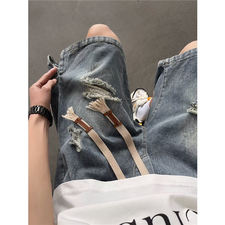 美式高街破洞牛仔短裤男宽松直筒水洗做旧潮流百搭运动休闲五分裤,男装牛仔裤,星座410-7