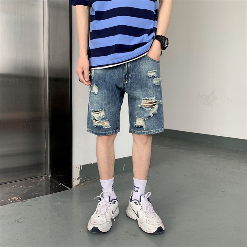 男士牛仔短裤夏季宽松潮流五分裤破洞直筒中裤薄款马裤5104,男装牛仔裤,电商A318