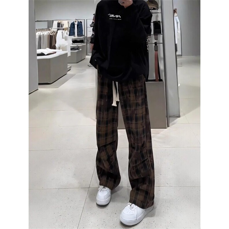 小众格纹百搭阔腿裤美式条纹高级感拖地直筒长裤KZ9963特P38,男装休闲裤,星座908-1
