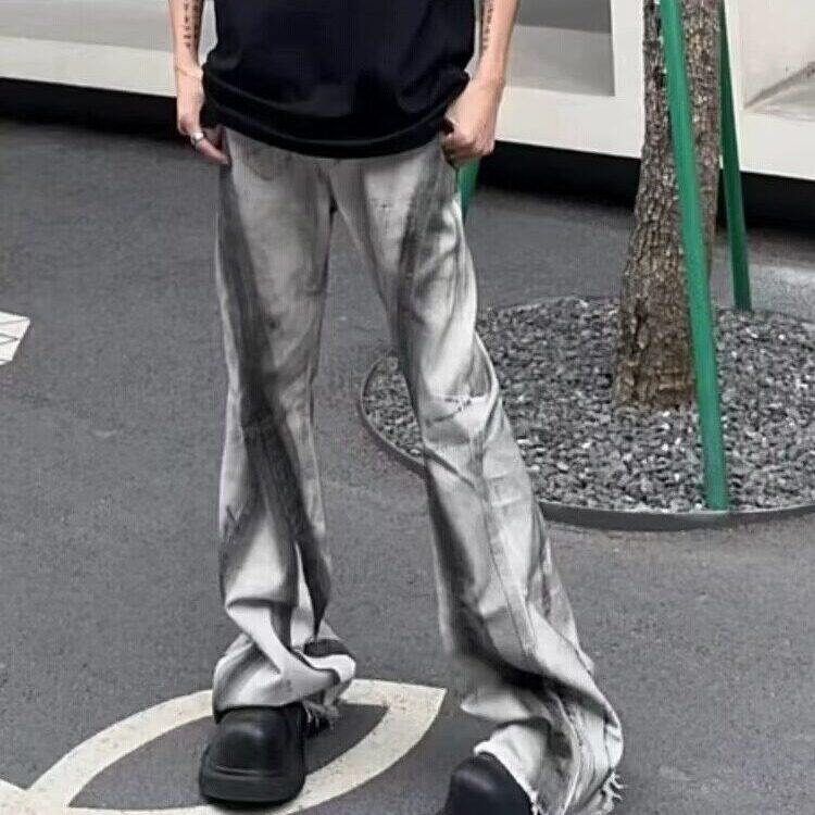 CP1221-P52高街美式毛边脏污撞色牛仔裤男潮牌复古设计感喇叭裤,男装牛仔裤,电商B323A