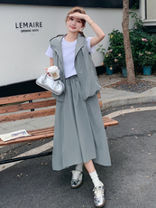 韩版休闲三件套装女夏季2025新款时尚连帽马甲不规则半身裙套装裙，女装套装/套裙，辉之琳