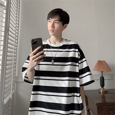 条纹撞色休闲短袖T恤潮流盐系男友风穿搭青少年学生夏装AT744-p32，男装T恤，星座1008
