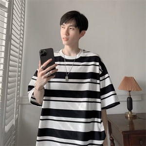 条纹撞色休闲短袖T恤潮流盐系男友风穿搭青少年学生夏装AT744-p32图片