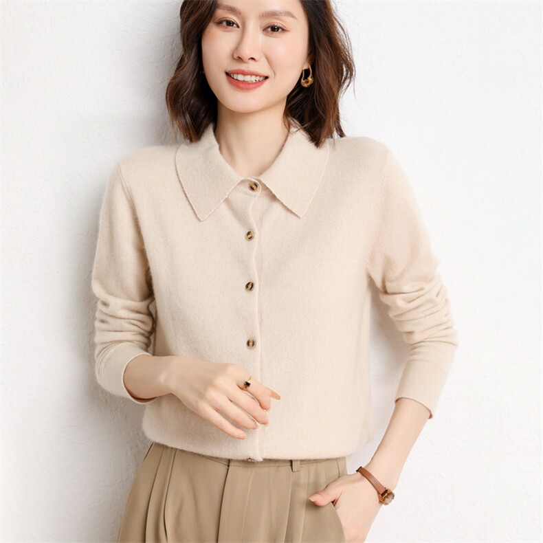 2024秋冬新款羊绒女士衬衫领35%羊绒开衫,女装羊绒衫,纳丰羊绒