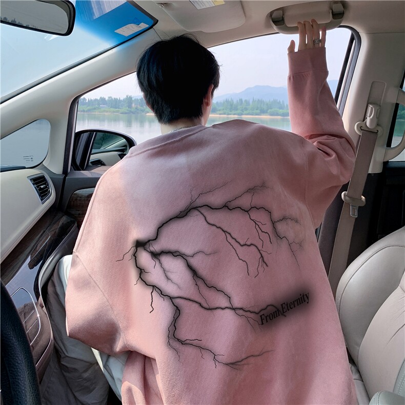 2025秋季新款闪电印花麂皮绒宽松圆领卫衣wyjp5001-特p35控69,男装卫衣,星座605(原A050)