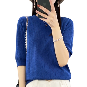 2025春季新款针织短袖上衣女圆领短款宽松洋气五分袖T恤打底半袖图片