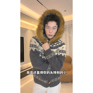 重磅北极绒座山雕大毛毛领毛衣外套冬美式复古休闲慵懒风针织开衫图片