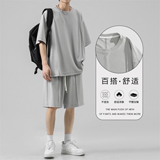 夏季短袖短裤冰丝休闲时尚套装多色垂顺舒适抗皱TZ50特批65，男装休闲套装，星座718