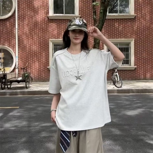 夏季美式高街cleanfit凹凸字母钢印短袖货号T25182P35