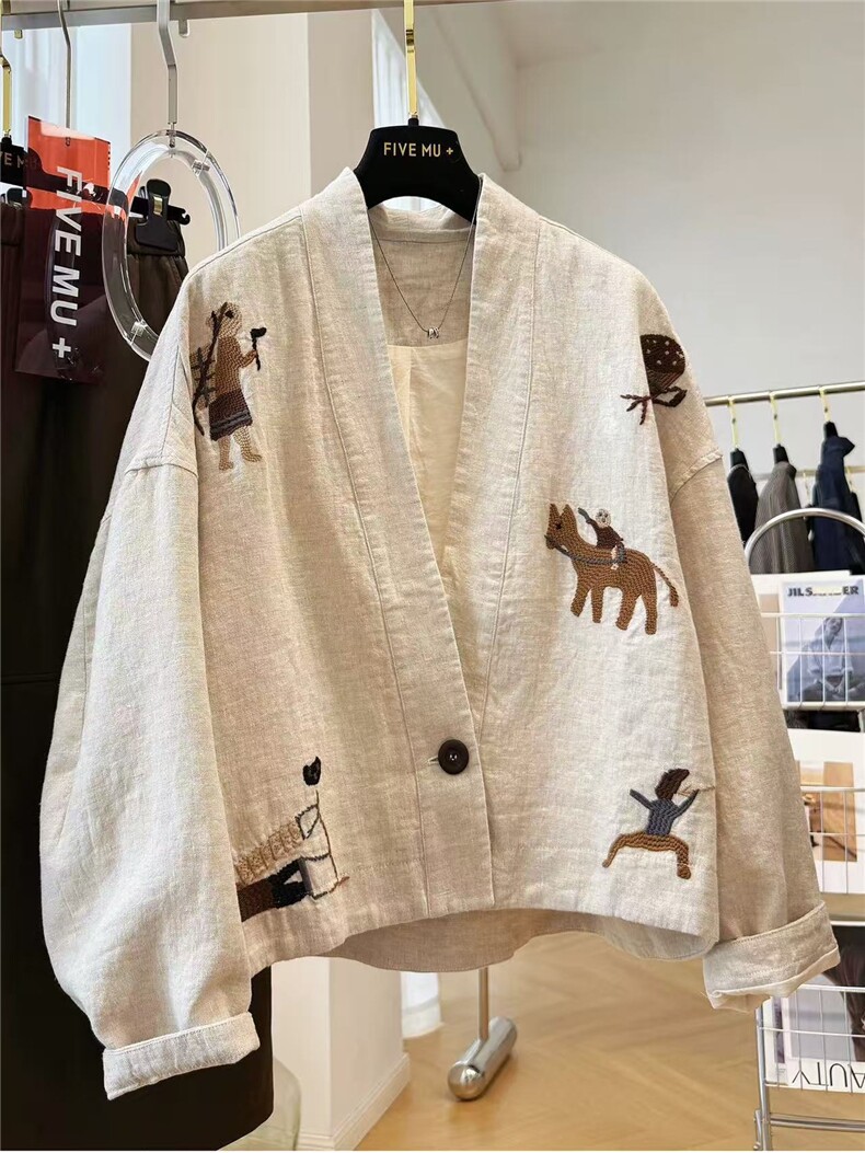 2025年秋季时尚百搭通勤简约休闲刺绣老钱风外套，女装短外套，织己羊绒